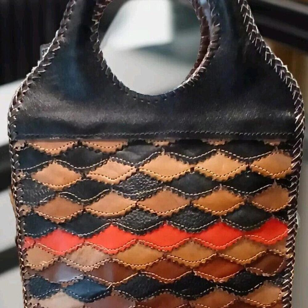 Chui African Vintage Leather‎ Handbag. Patchwork Stitch 70s Purse. One Of A Kind